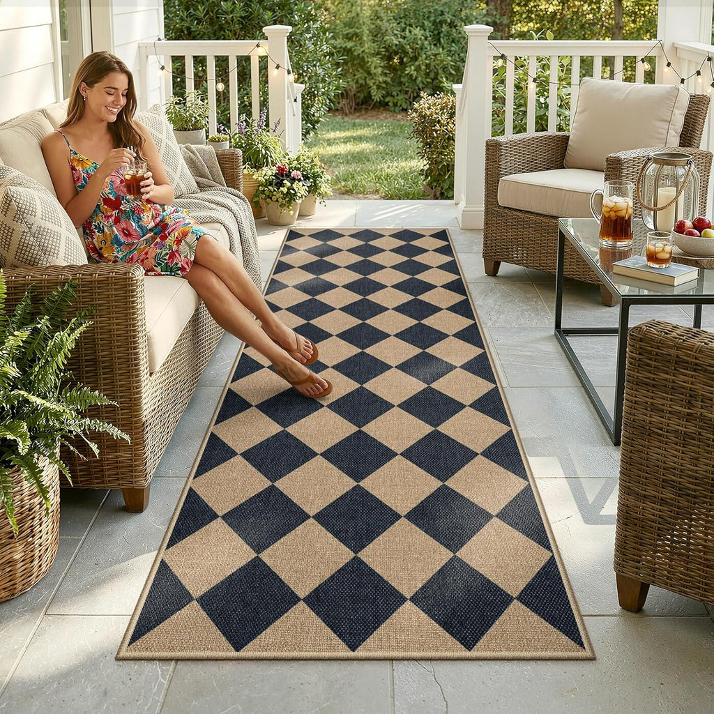 Lahome Colette Checkered Easy Jute Runner Rug, 2x8 Hallway Kitchen Runner Rug Non Slip Washable Outdoor Carpet for Entryway Indoor, Checkerboard Black Indoor Outdoor Carpet for Hallway 8ft Entry