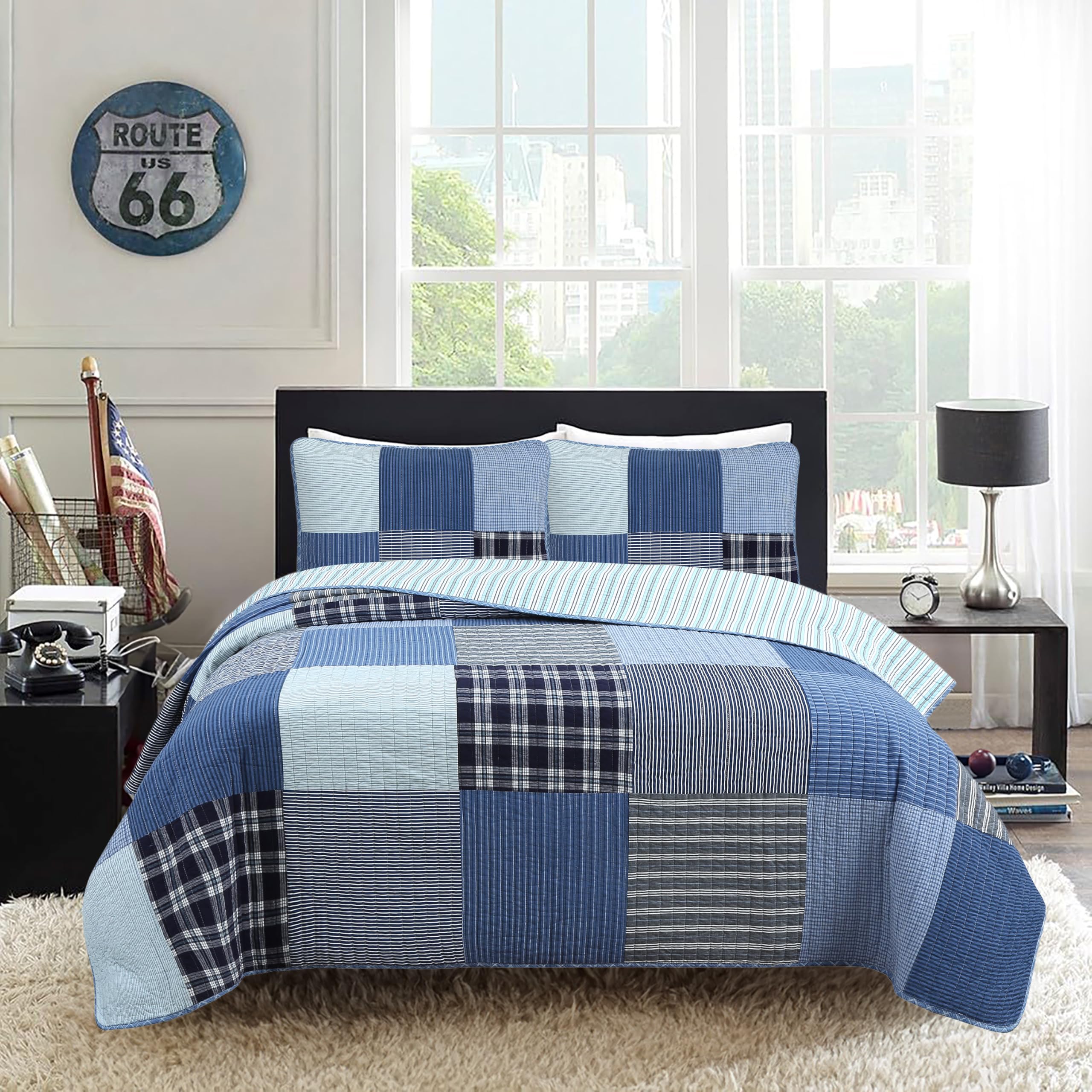 Cozy Line Home Fashions Benjamin Cute Dinosaur Plaid Navy Blue White Grey Bedding Quilt Set 100% Cotton Reversible Coverlet Bedspread Set for Kids Boy(Twin - 2 Piece)