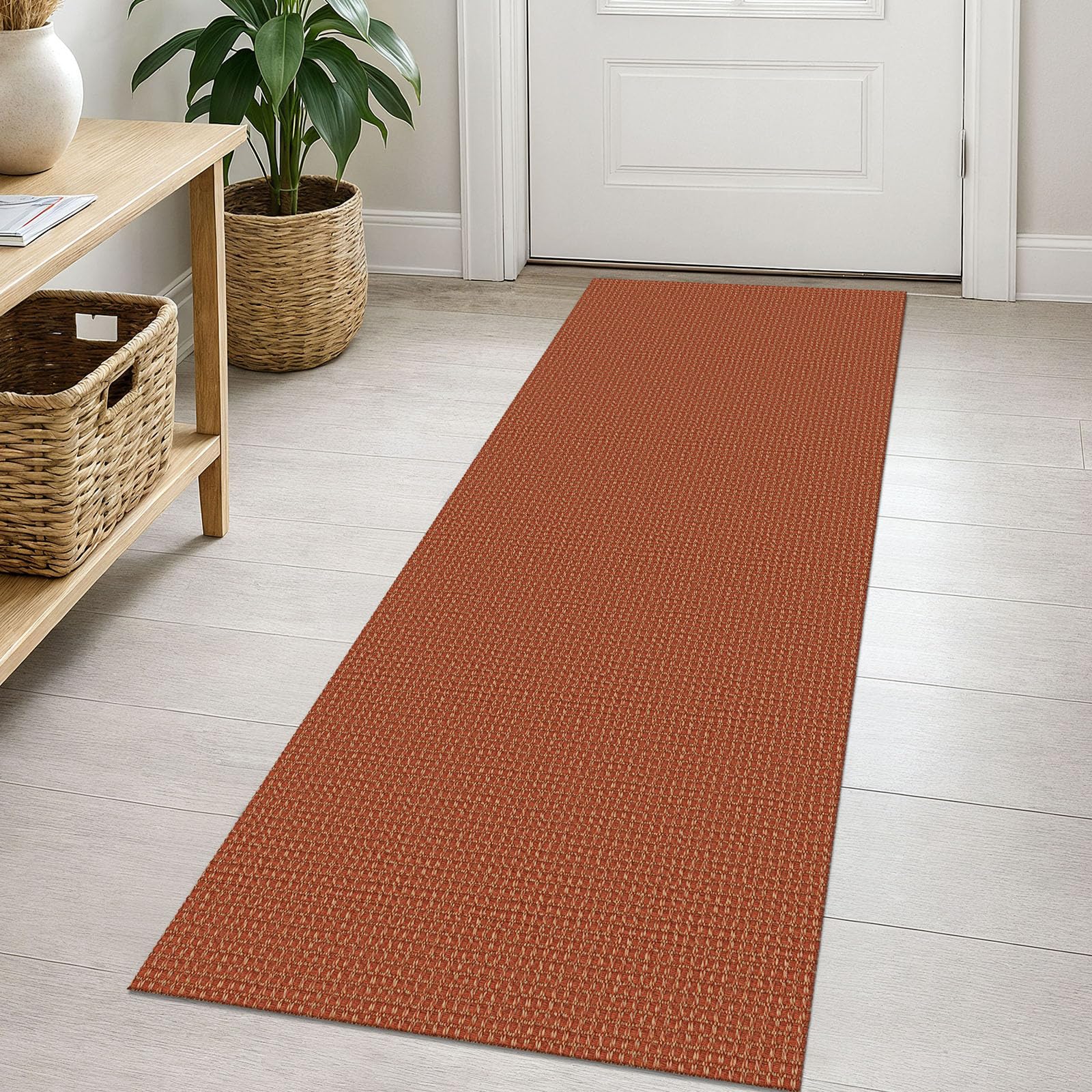 EARTHALL Woven Runner Rug 2x5 Ft Washable Runners for Hallways Cotton Non Slip Rubber Backed Kitchen Runner Braided Indoor Floor Carpet for Entryway, Hallway, Kitchen, Bedroom, Orange/Tan/Brown