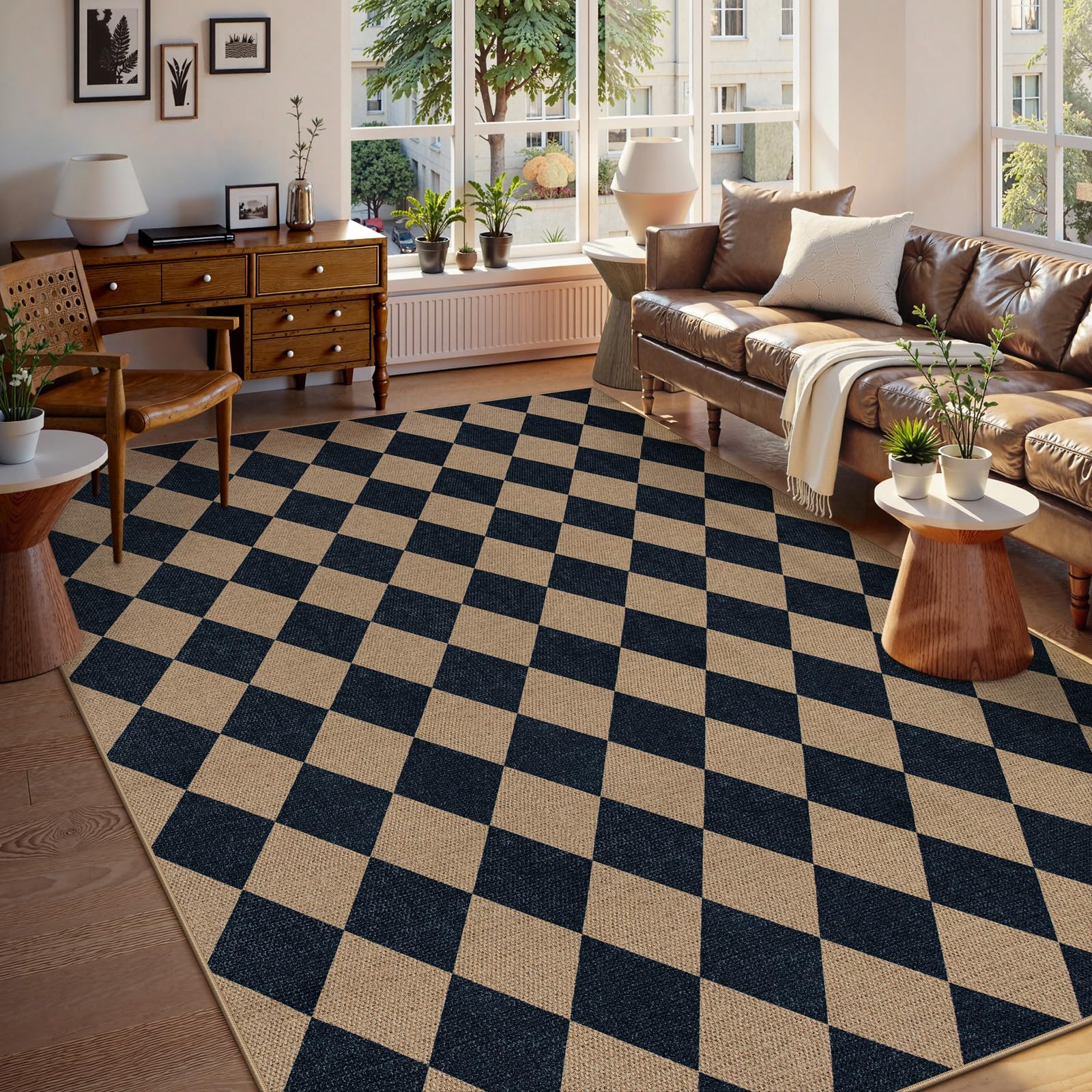 Lahome Colette Checkered Easy Jute Runner Rug, 2x8 Hallway Kitchen Runner Rug Non Slip Washable Outdoor Carpet for Entryway Indoor, Checkerboard Black Indoor Outdoor Carpet for Hallway 8ft Entry