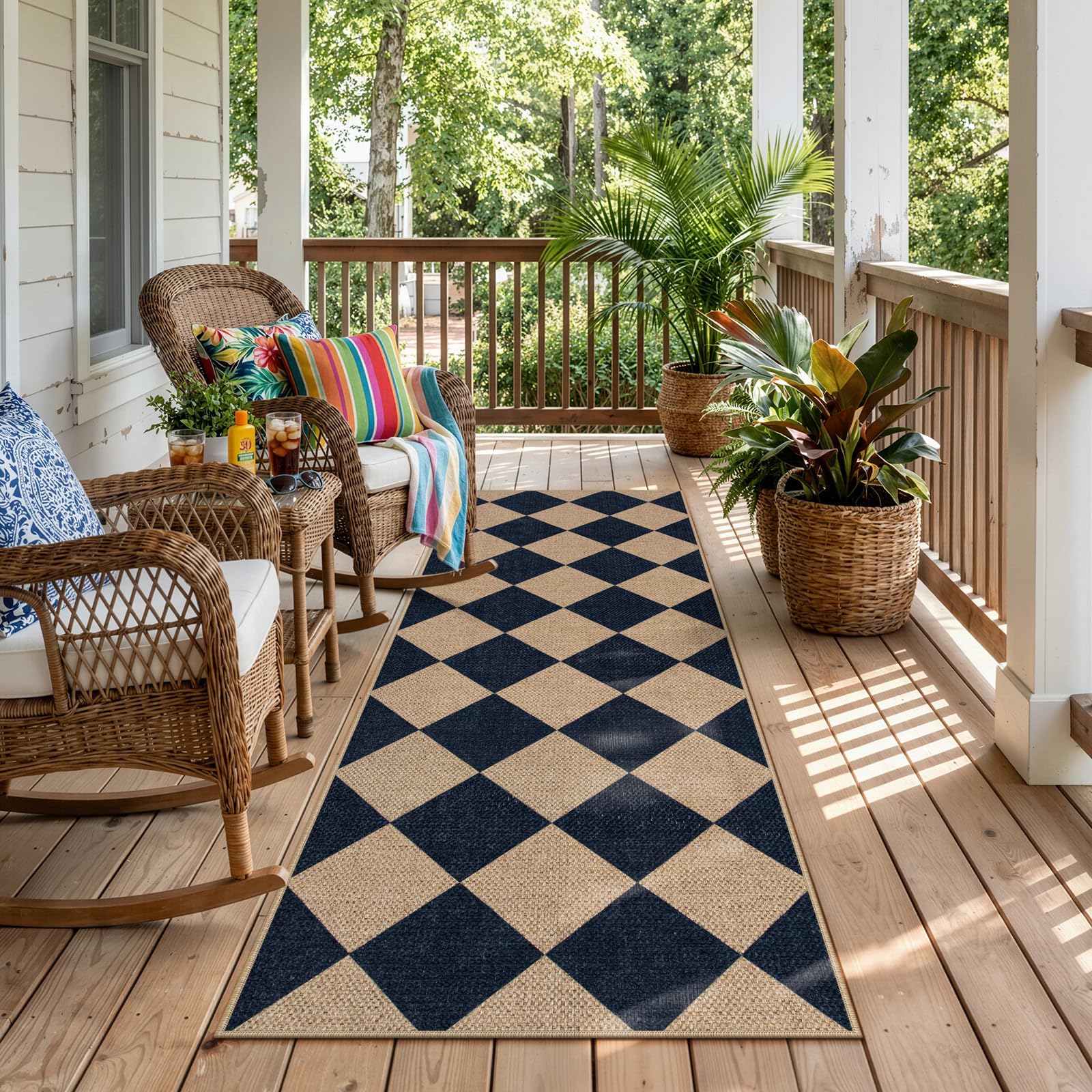 Lahome Colette Checkered Easy Jute Runner Rug, 2x8 Hallway Kitchen Runner Rug Non Slip Washable Outdoor Carpet for Entryway Indoor, Checkerboard Black Indoor Outdoor Carpet for Hallway 8ft Entry