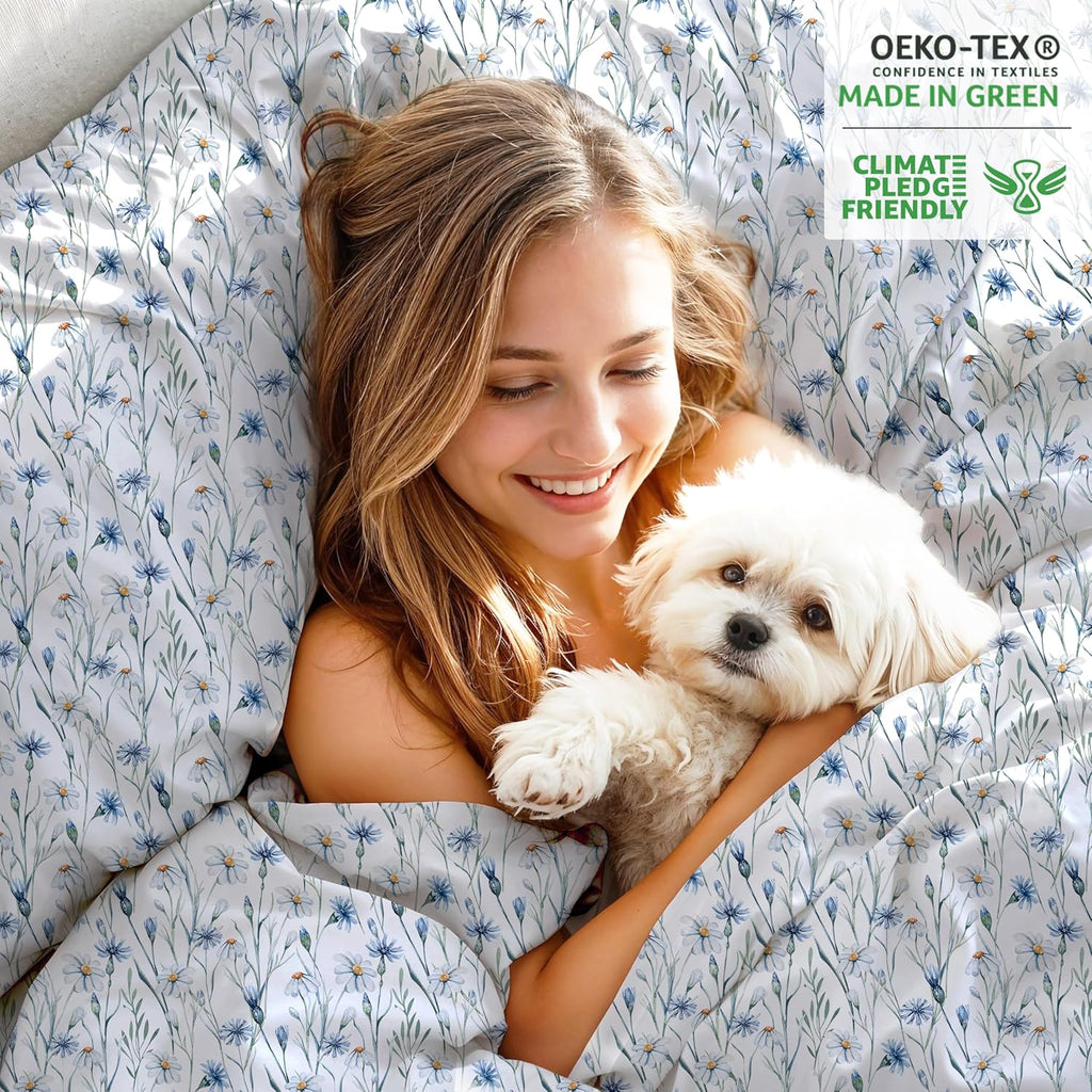 RUVANTI 100% Organic Cotton Sheets Queen Size, Percale Weave, GOTS Certified, 4-Piece Set, Deep Pocket 15", Crisp & Breathable, Soft Durable Bedding, Sábanas Algodón Orgánico – Daisy Bud
