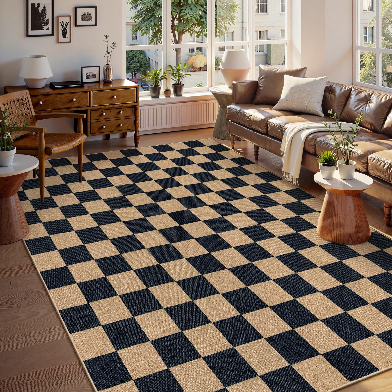 Lahome Colette Checkered Easy Jute Runner Rug, 2x8 Hallway Kitchen Runner Rug Non Slip Washable Outdoor Carpet for Entryway Indoor, Checkerboard Black Indoor Outdoor Carpet for Hallway 8ft Entry