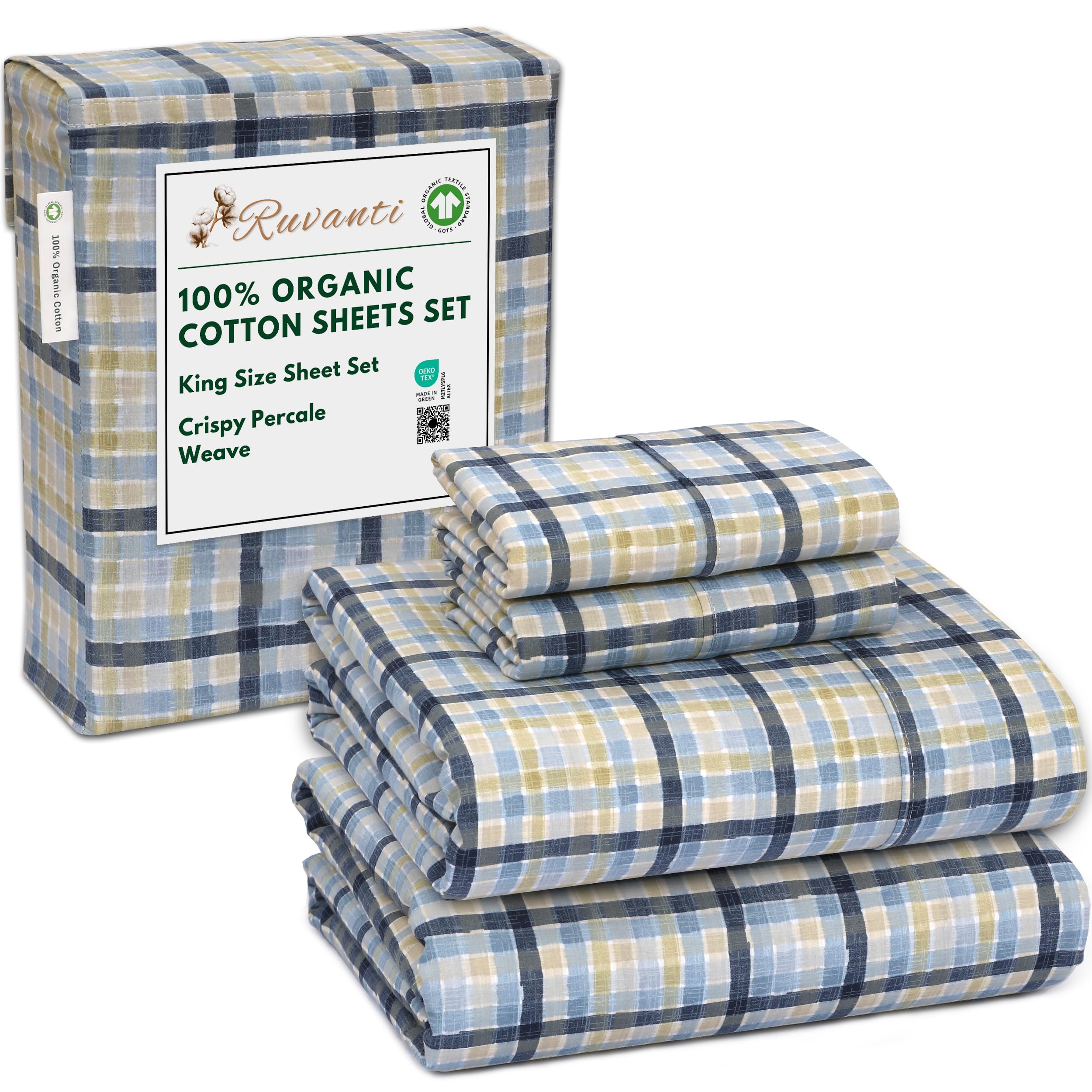 RUVANTI 100% Organic Cotton Sheets Queen Size, Percale Weave, GOTS Certified, 4-Piece Set, Deep Pocket 15", Crisp & Breathable, Soft Durable Bedding, Sábanas Algodón Orgánico – Daisy Bud