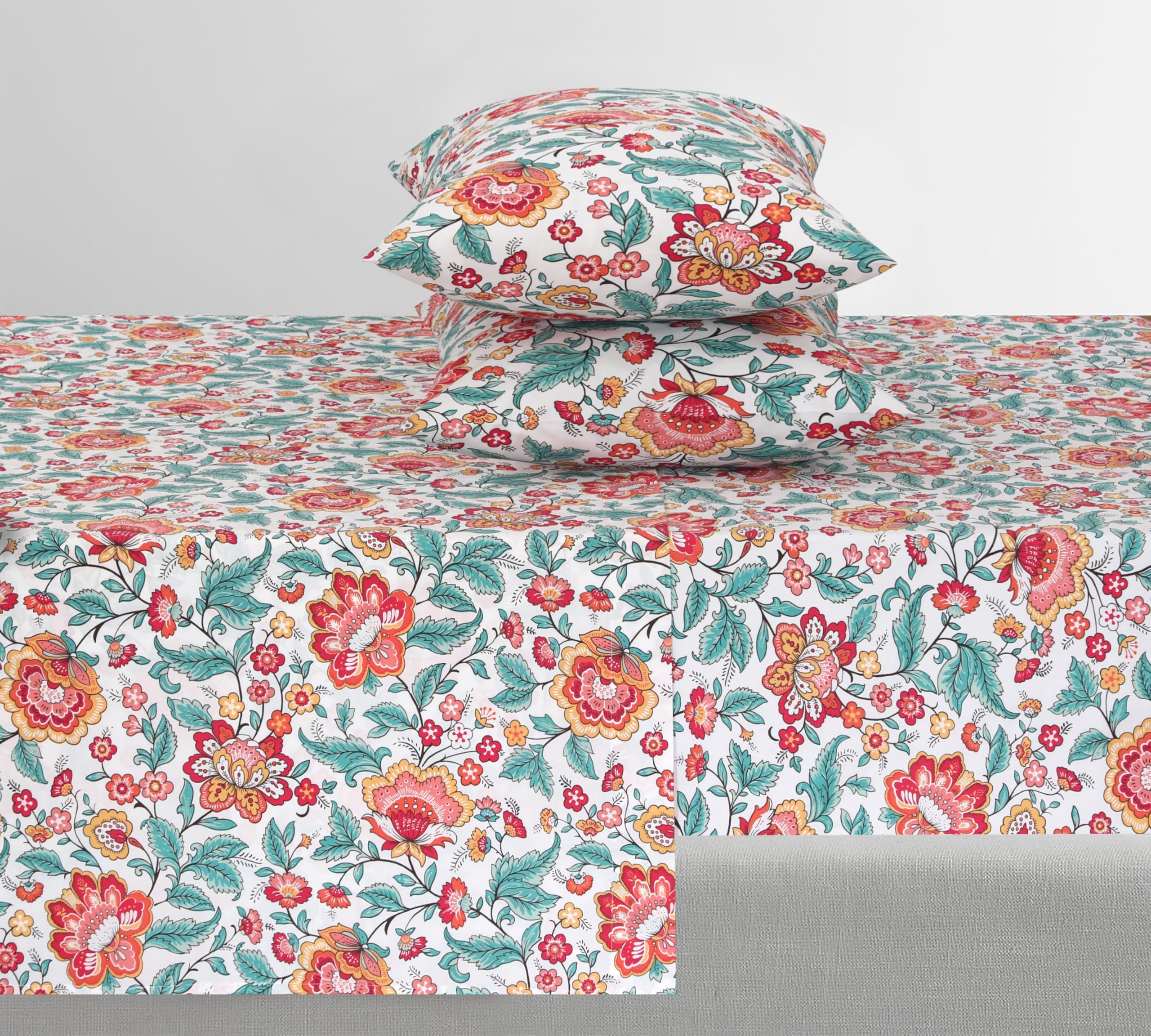 Feather & Stitch Softest 100% Cotton Sheets, 300 Thread Count Percale Weave Bedding, 16" Deep Pocket, Cooling Sheets, Breathable Bed Set, Hotel Premium Quality (Queen, Victorian Floral)