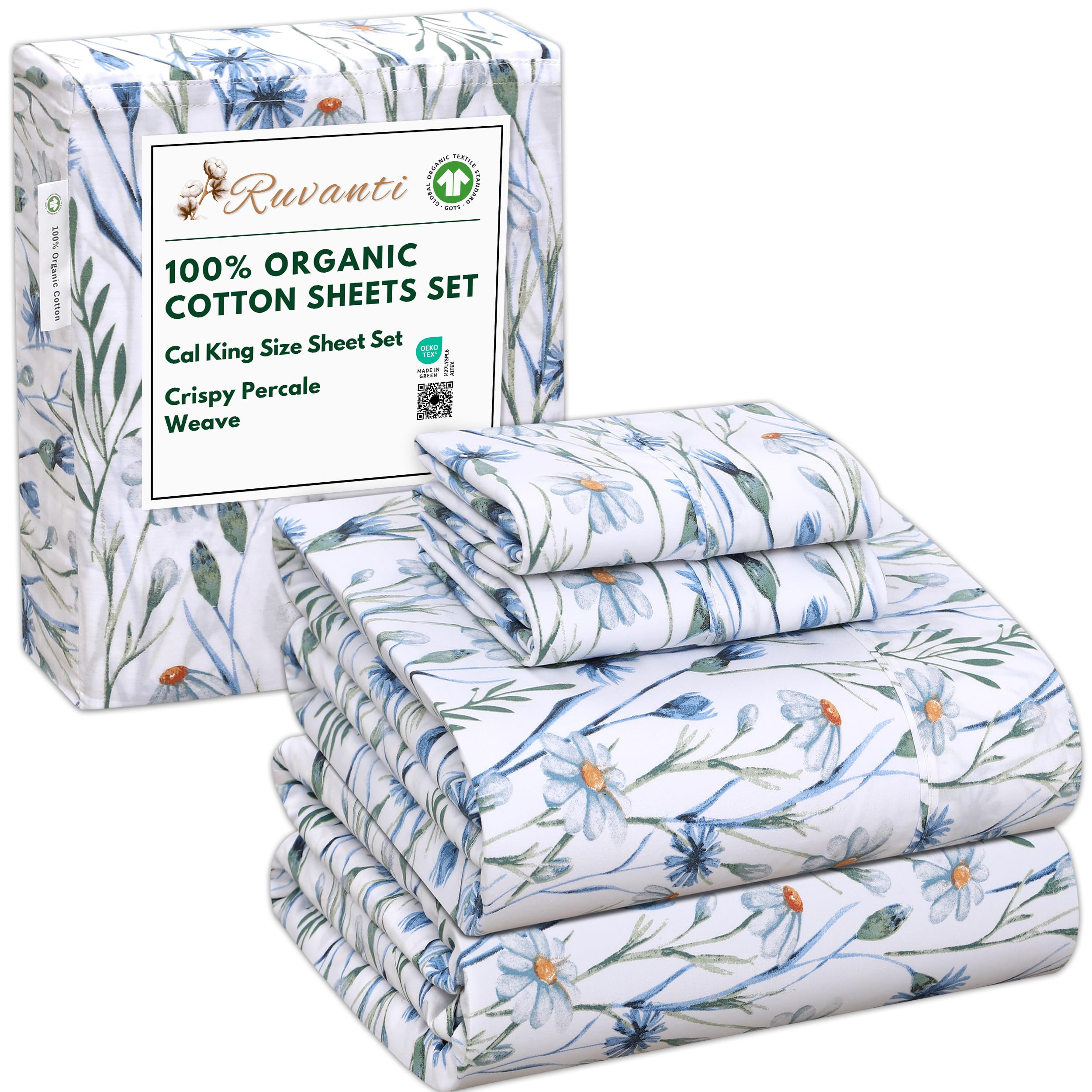 RUVANTI 100% Organic Cotton Sheets Queen Size, Percale Weave, GOTS Certified, 4-Piece Set, Deep Pocket 15", Crisp & Breathable, Soft Durable Bedding, Sábanas Algodón Orgánico – Daisy Bud