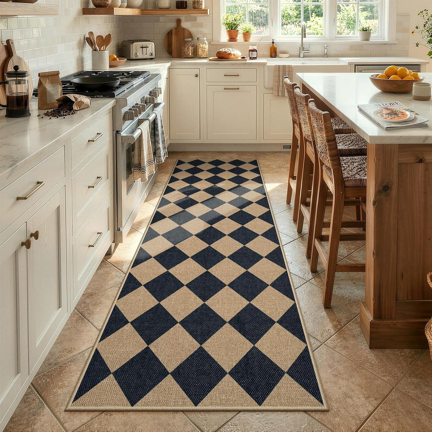 Lahome Colette Checkered Easy Jute Runner Rug, 2x8 Hallway Kitchen Runner Rug Non Slip Washable Outdoor Carpet for Entryway Indoor, Checkerboard Black Indoor Outdoor Carpet for Hallway 8ft Entry