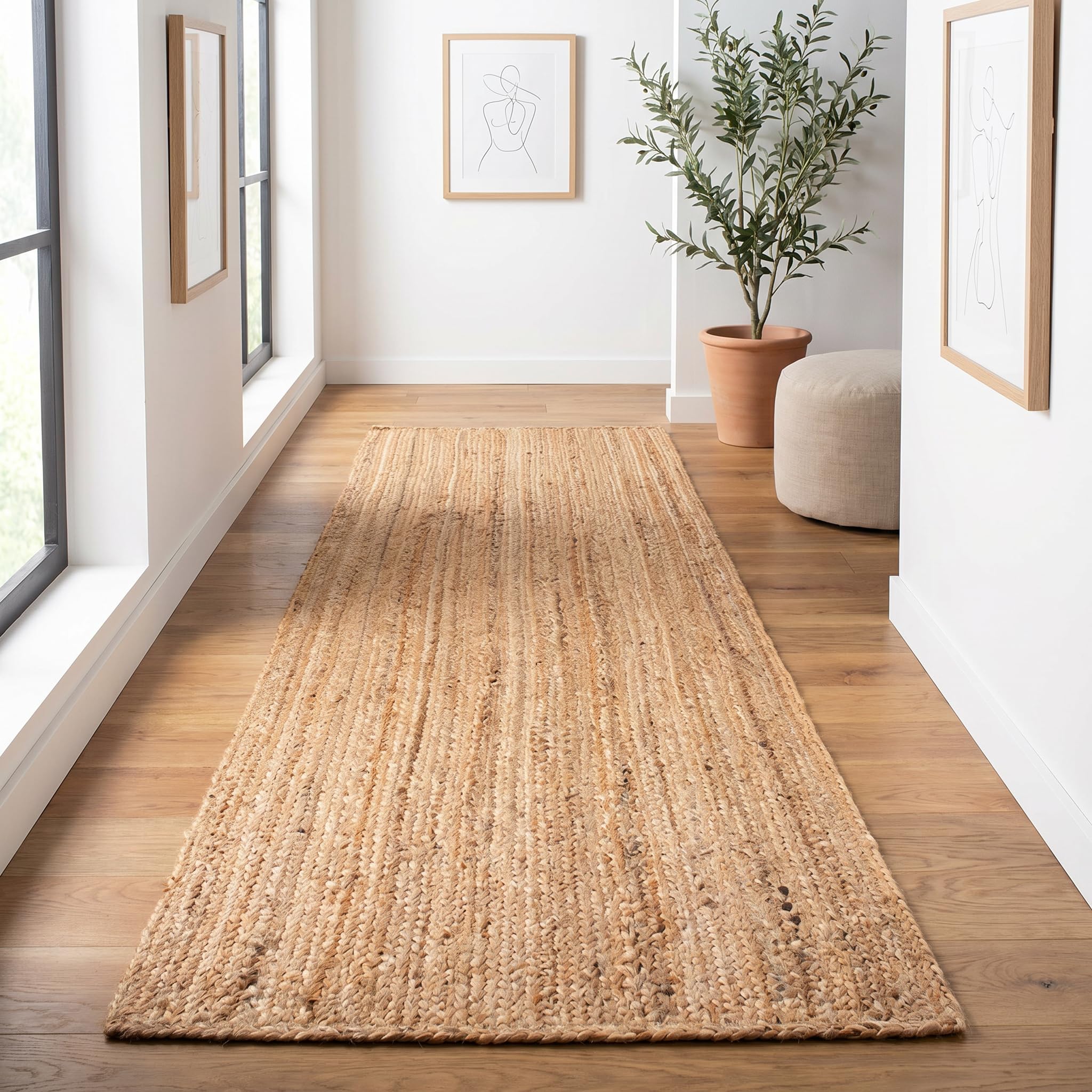 Jute Braided Runner Rug, Natural - 2x6 Feet, Farmhouse Hand Woven Coastal Runners for Hallways, Kitchen, Bedroom, Entry Door | Neutral Boho Beige Floor Carpet for Nursery, Balcony - 24x72 Inches