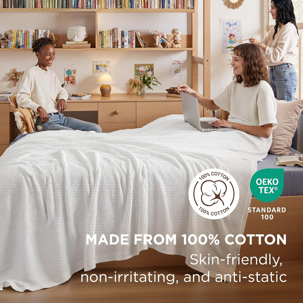 Bedsure Gentlesoft 100% Cotton Blanket Twin XL Size for College Dorm - Cooling Breathable and Soft for Summer, Waffle Weave Twin Blanket for Bed, Dorm Room Essentials, White, 66x90 inches