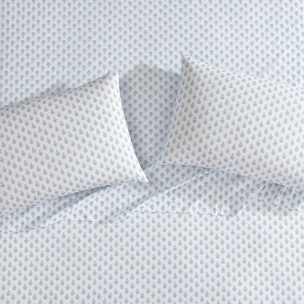 Laura Ashley - Queen Sheet Set, Crisp & Cool Sheets w/a Naturally Smooth Cotton Percale Feel, Deep Pocket, Bed Sheets with Matching Pillowcases & Fitted Sheet (Francesca Blue)