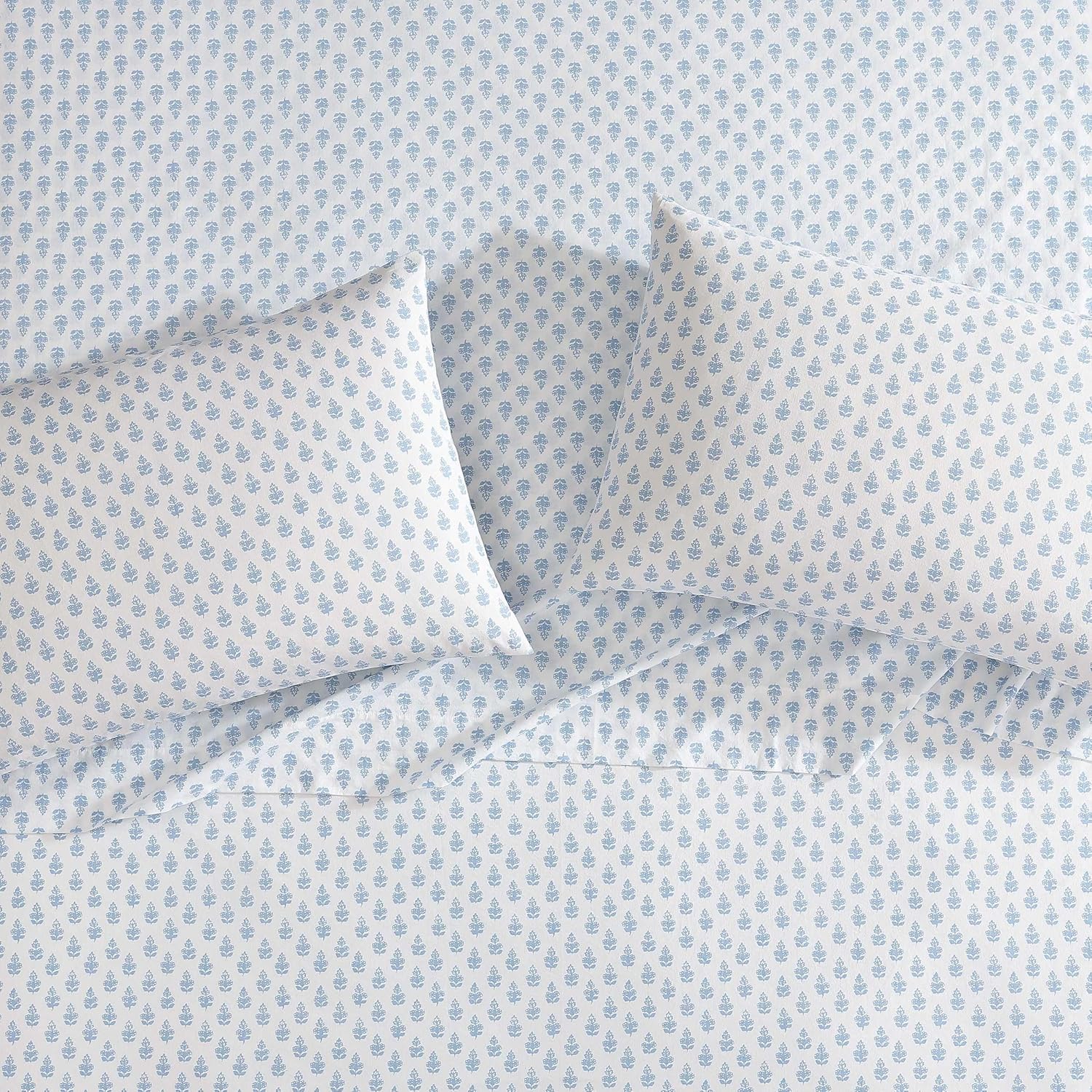 Laura Ashley - Queen Sheet Set, Crisp & Cool Sheets w/a Naturally Smooth Cotton Percale Feel, Deep Pocket, Bed Sheets with Matching Pillowcases & Fitted Sheet (Francesca Blue)